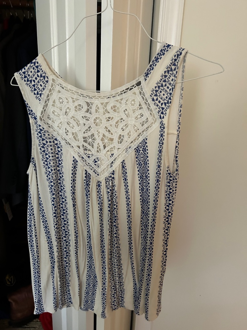Loveappella Cream and Navy Striped Lace Yoke Tank
